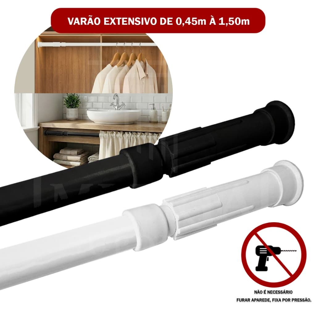 Varão Extensivo Retrátil Regulável de 0,45m até 1,50m Branco Preto de Cortina Box Banheiro Sem Furo