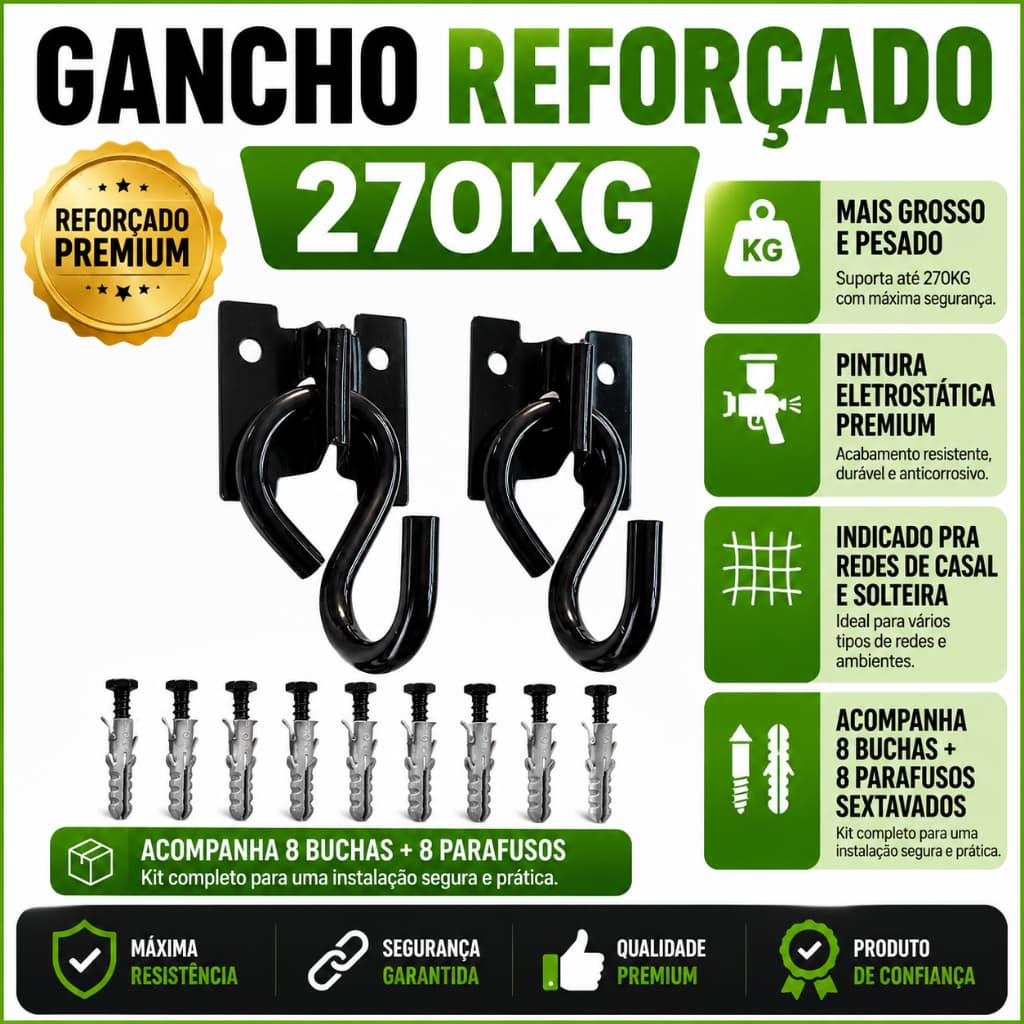 GANCHO DE REDE BLACK/PRETO KIT COMPLETO 8 BUCHAS E 8 PARAFUSOS
