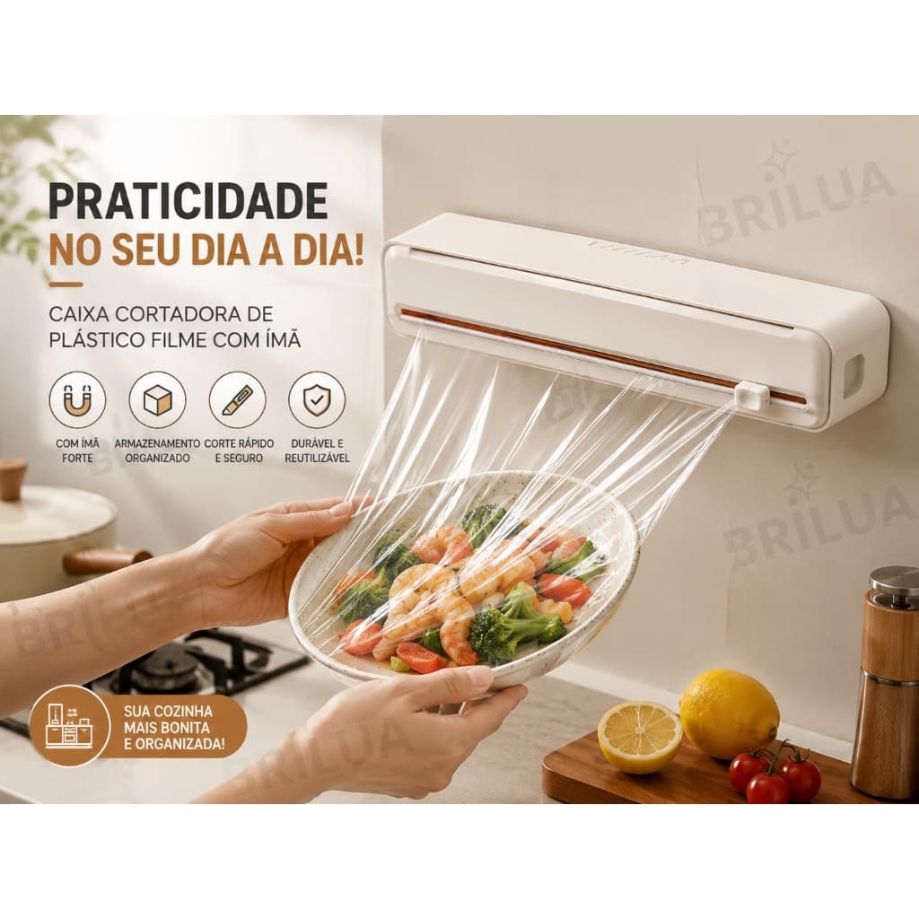 Dispenser de Papel Filme com Cortador Deslizante Magnético Reutilizável para Cozinha