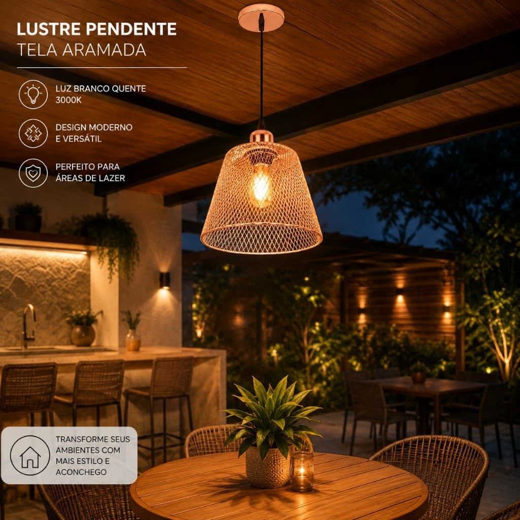 Luminária Pendente Decorativo em Tela Metal Rose 1,50cm