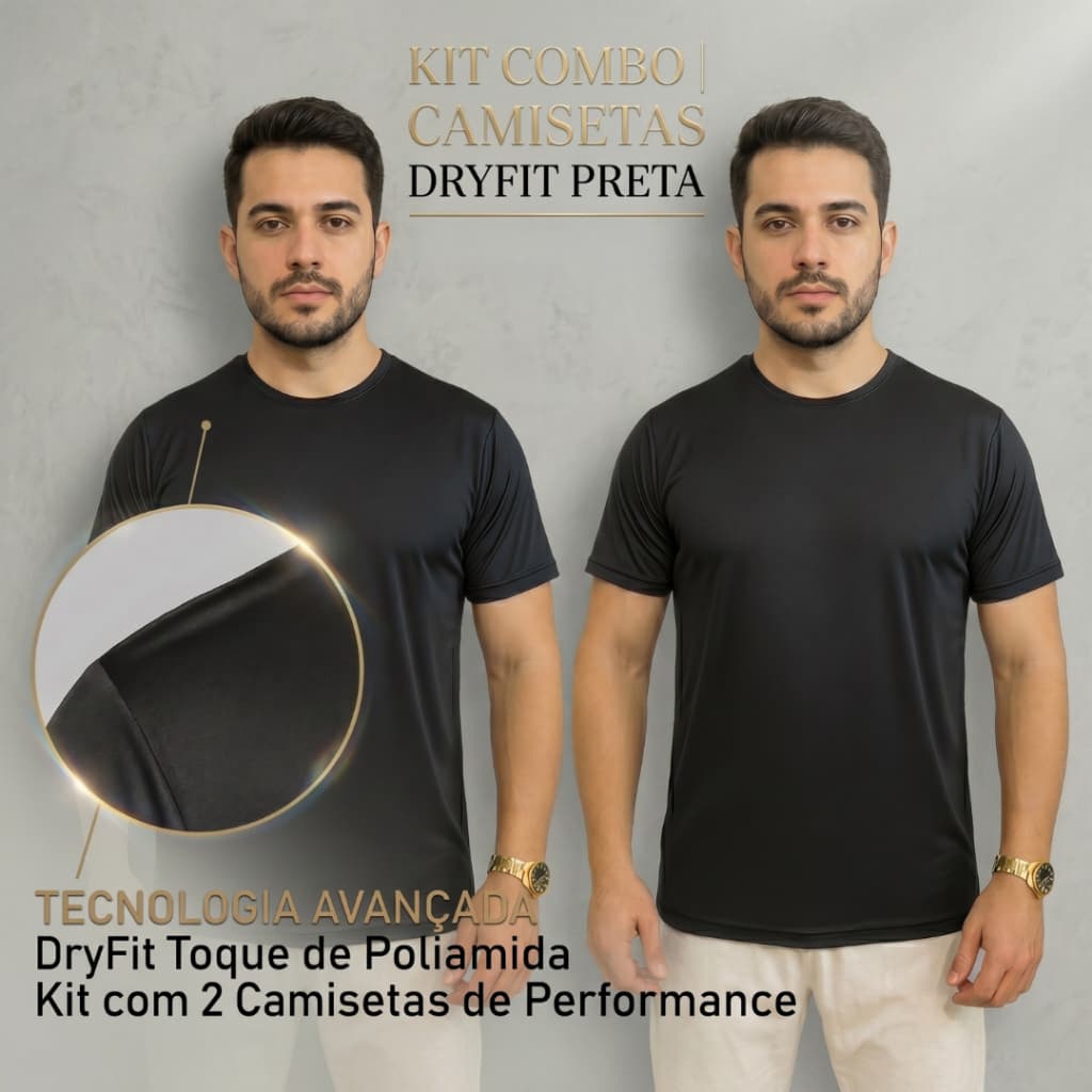 Kit 2 uni - Camiseta Masculina Preta Básica Esportiva DryFit Premium c Proteção UV Brousse Camisaria