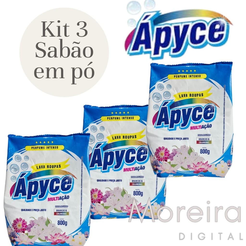 Kit 3 Sabão em pó Apyce 800g cada Lava Roupas em Pó Limpeza Eficiente Coisas de Casa