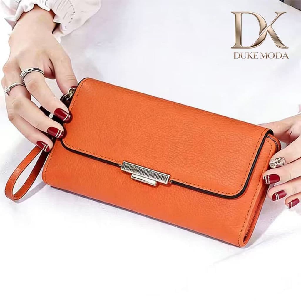 DUKE Carteira Longa Feminina com Fechamento Metálico-Design Elegante em Couro com Textura,Alça Ajustável com Fivela