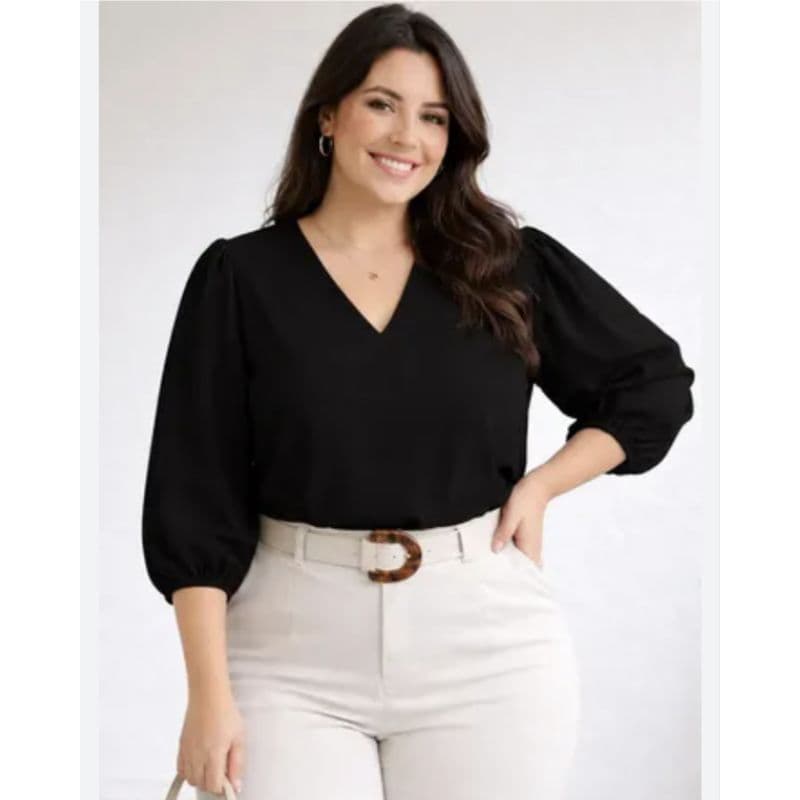 Blusa Preta feminina plus size manga 3/4 modelagem princesa