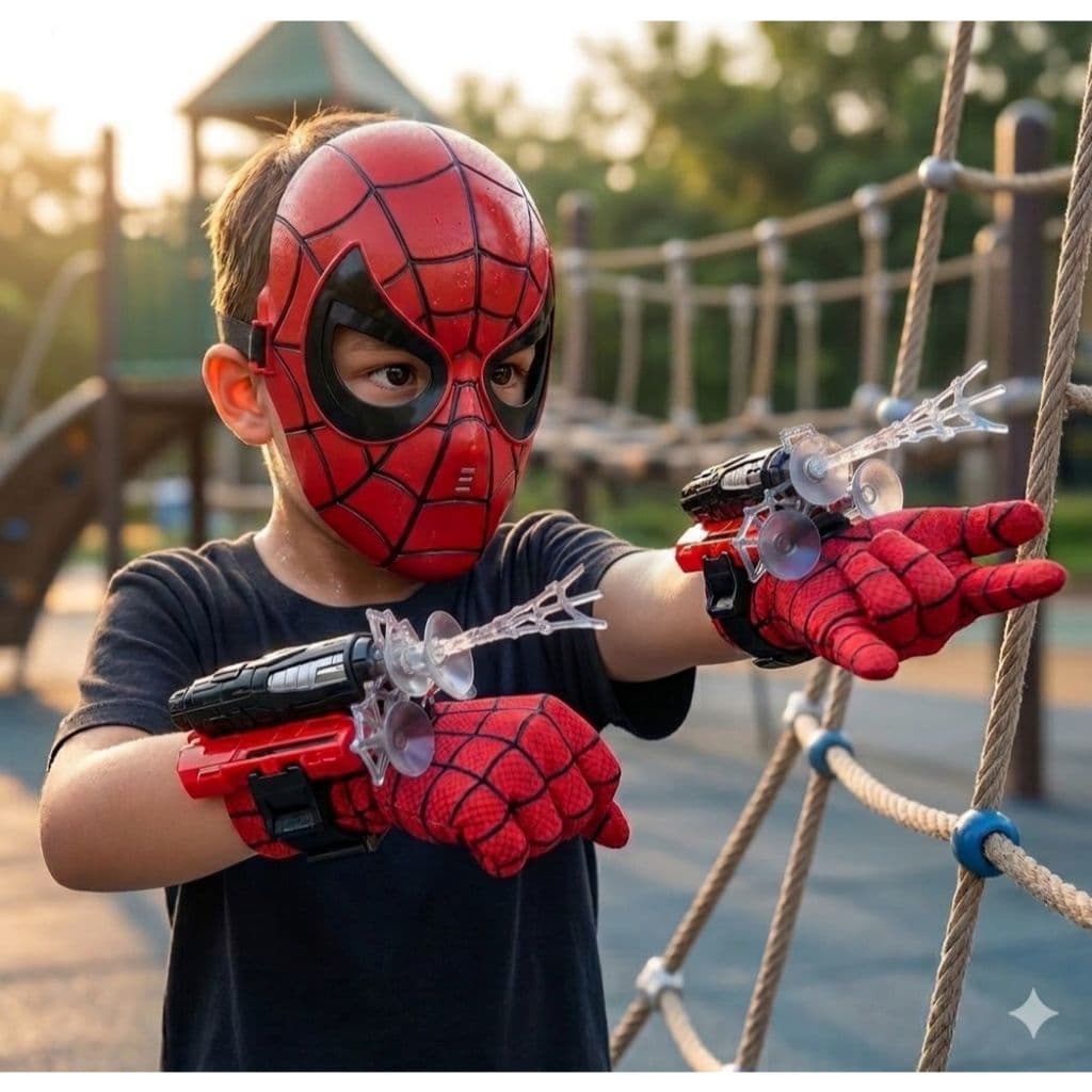 Kit Brinquedo 2 Luvas Com Lança Teia Homem Aranha + Mascara Plástico Herói Presente Criança de 1 a 13 Anos