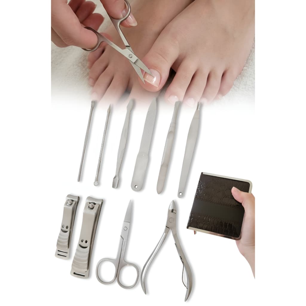 Kit De Unha Manicure e Pedicure Alicate cutículas Cortador De Unha 10 peças em aço inox no Estojo com ziper
