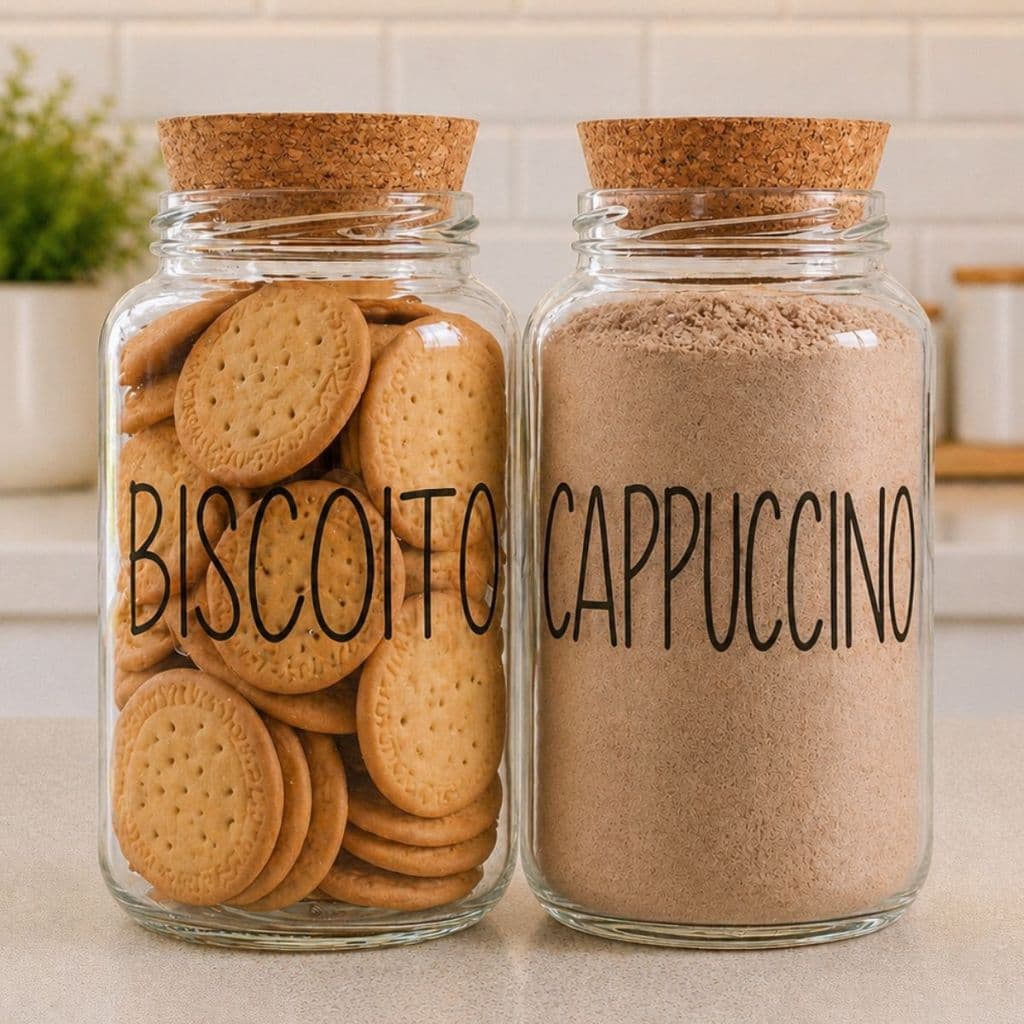 Potes de Vidro Cappuccino + Biscoito 810 ml Com Tampa Rolha Cortiça| Mantimento | Cantinho do Café
