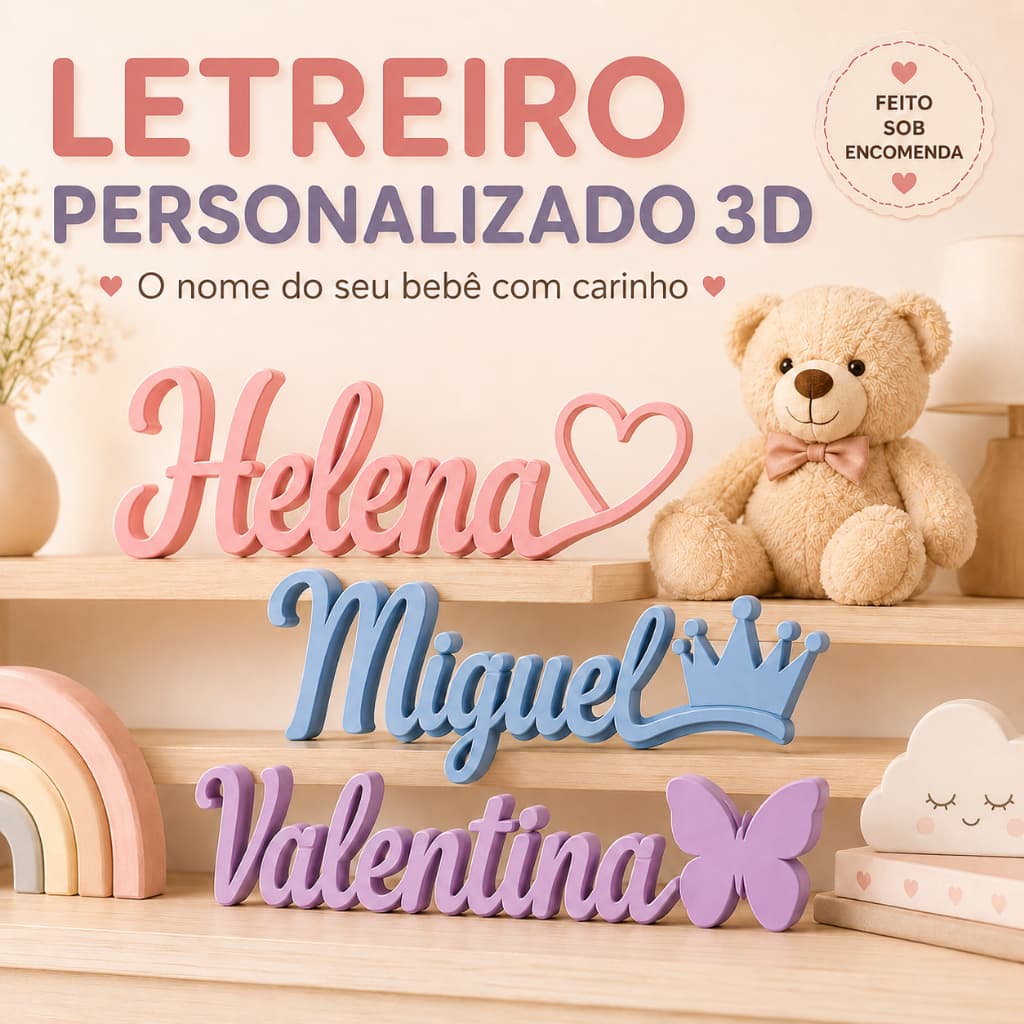 Letreiro Nome Personalizado Decorativo Infantil Bebê Quarto Mesa Estante Presente