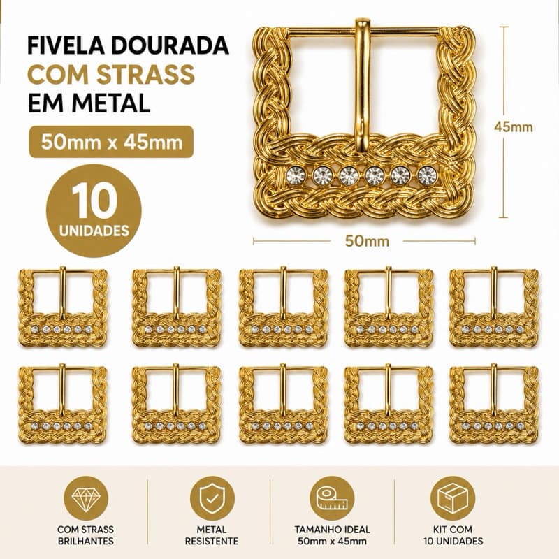 FIVELA DOURADA COM STRASS EM METAL PARA CINTO 50mm x 45mm