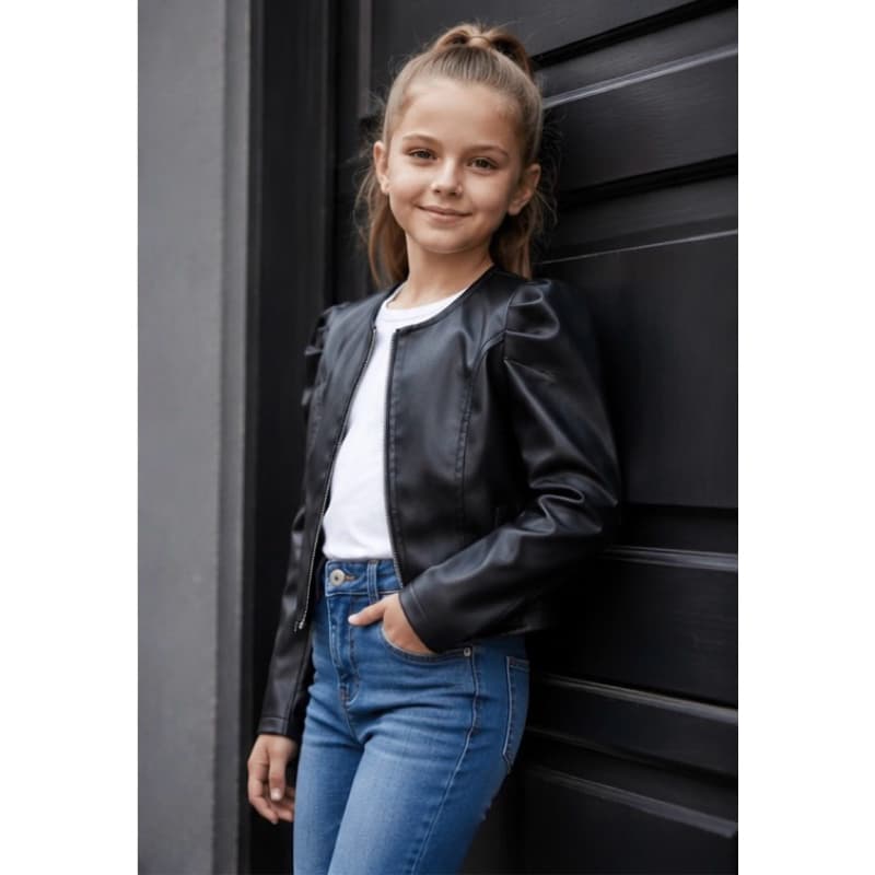 Jaqueta infantil Menina Manga Bufante Preta Couro Sintético Com Zíper Jaquetinha Blusa Juvenil