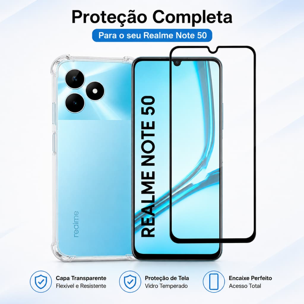 KIt Pelicula Vidro 3D Realme Note 50 / Realme C53 + Capa Anti Shock Capinha