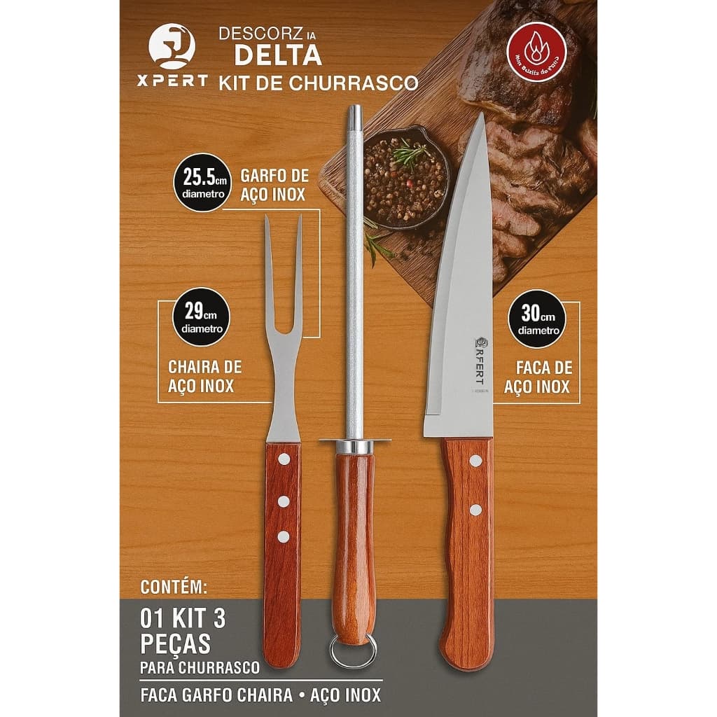 Kit churrasco 3 peças faca garfo chaira amolador inox cabo madeira utensilios