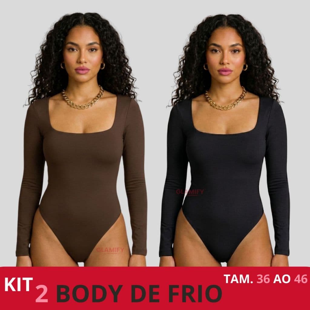 Kit 2 Body Manga Longa Feminino Decote Quadrado Forro Duplo Segunda Pele Elegante Moda casual Inverno