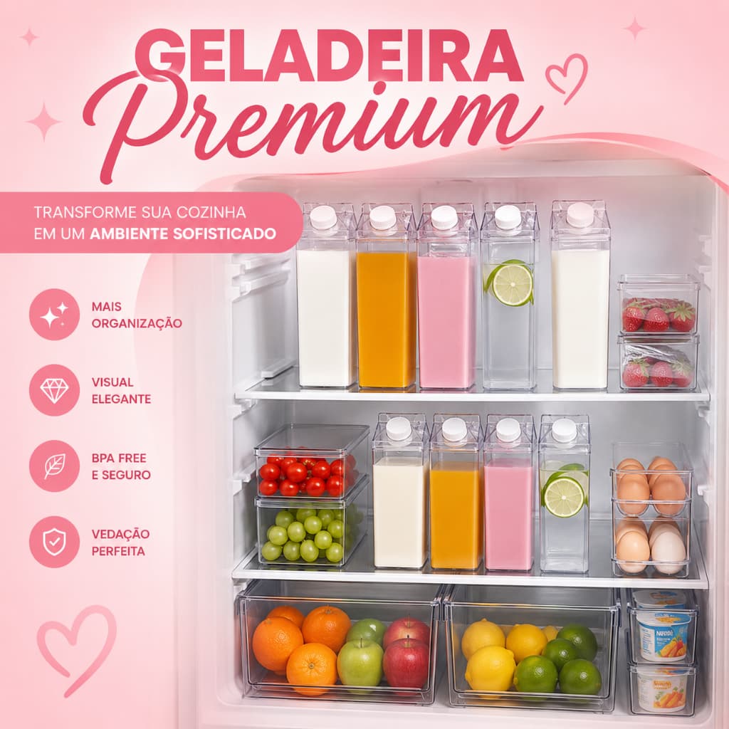 Garrafa Caixa de Leite Acrílica 500ML Transparente Tampa Vedação Geladeira Aesthetic