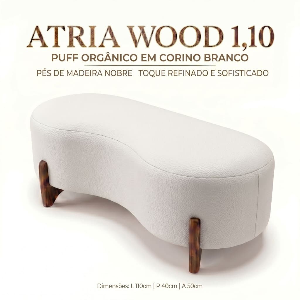 Puff Atria Wood 1,10m Corino Branco • Peça Decorativa Premium • Estilo Minimalista Sofisticado