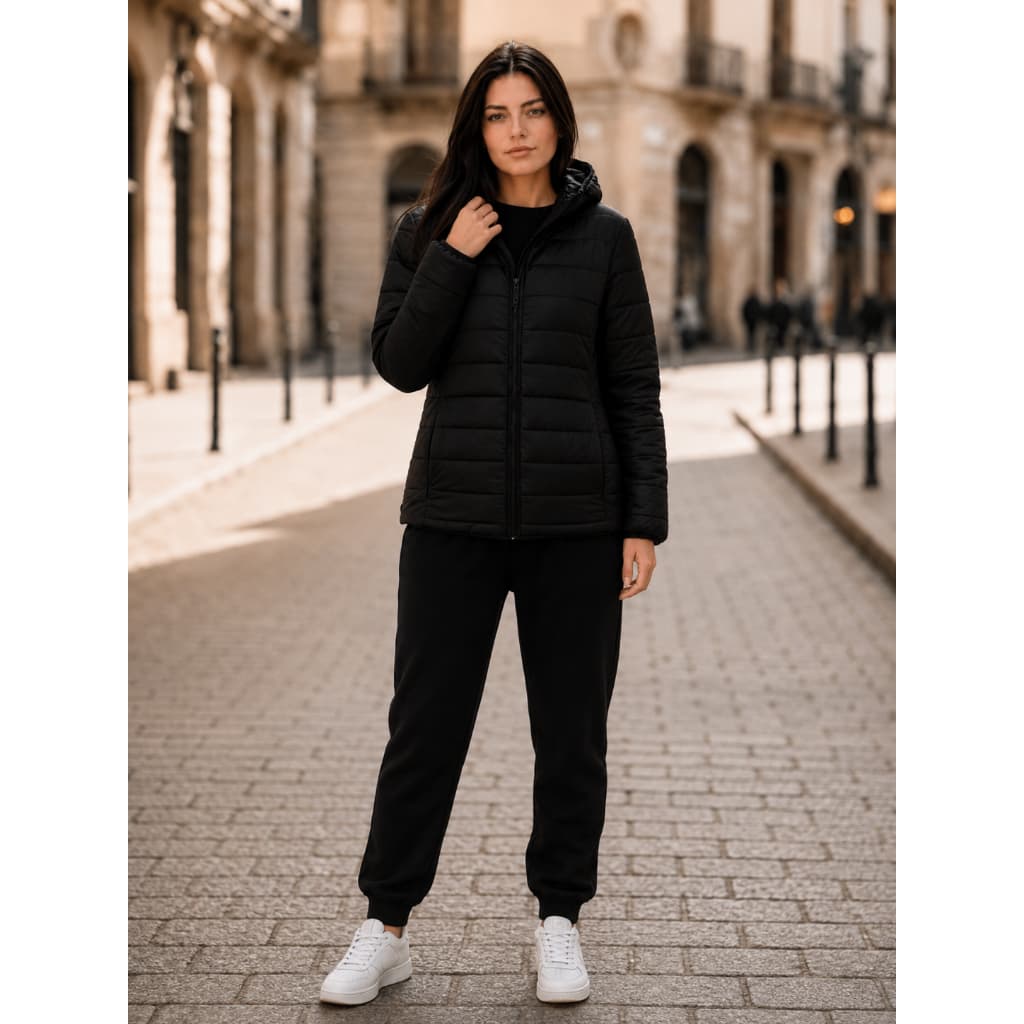 Jaqueta Puffer Feminina Preta com Capuz Inverno, Casaco Acolchoado Leve Forrado com Zíper, Blusa de Frio Casual Quentinh