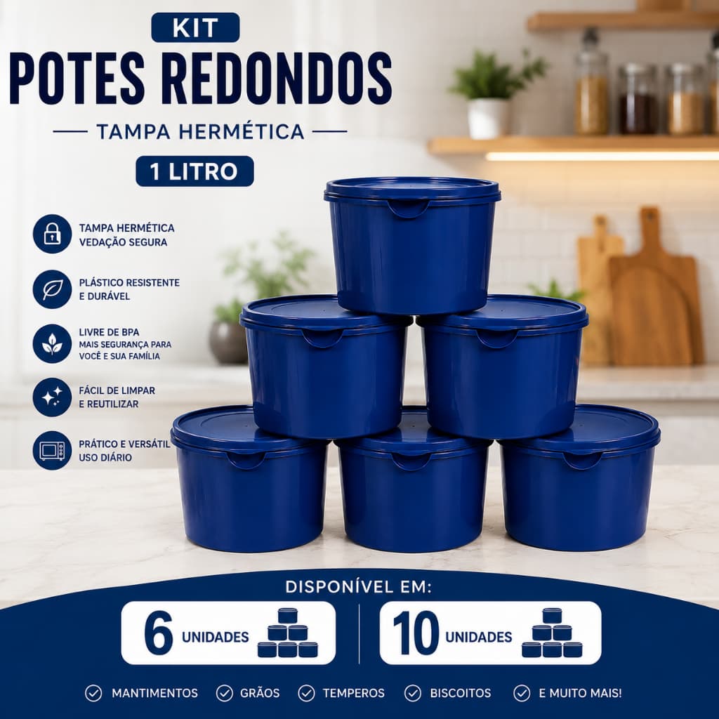 Kit Potes Redondos 1 Litro Hermético Plástico Mantimentos Cozinha 6/10 Peças