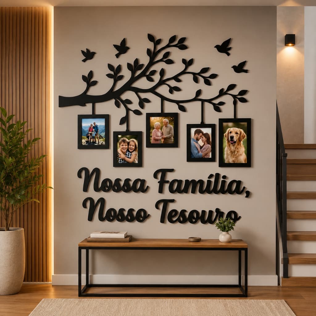 Porta Retrato de Parede Nossa Família Nosso Tesouro MDF Painel Decorativo com Fotos 10x15
