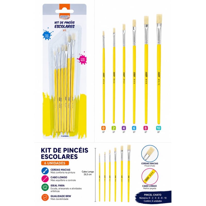 Kit de Pincéis Escolares – 6 Unidades | Cabo Longo e Cerdas Macias - Pincel Chato 0- 2- 4- 6- 8- 10 BRW
