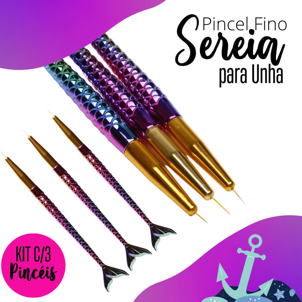 Kit 3 Pincel Fino Para Unhas Traços Finos Pincel Sereia Pincel Nail Art