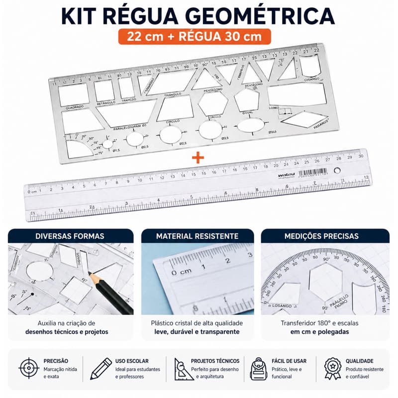 Régua Plástica Geométrica Escolar Cristal 22 cm + Régua De 30cm