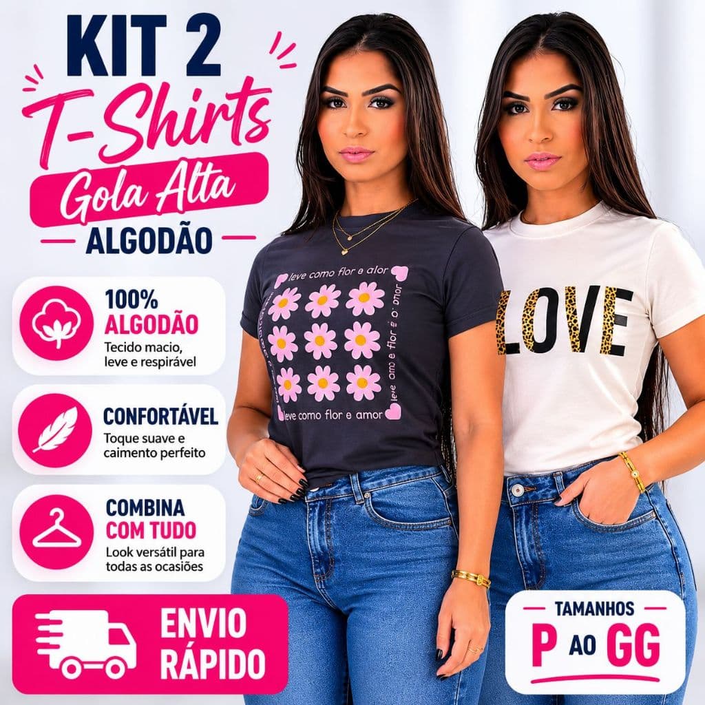 Kit 2 T-Shirts Femininas Gola Alta | 100% Algodão | Confortável