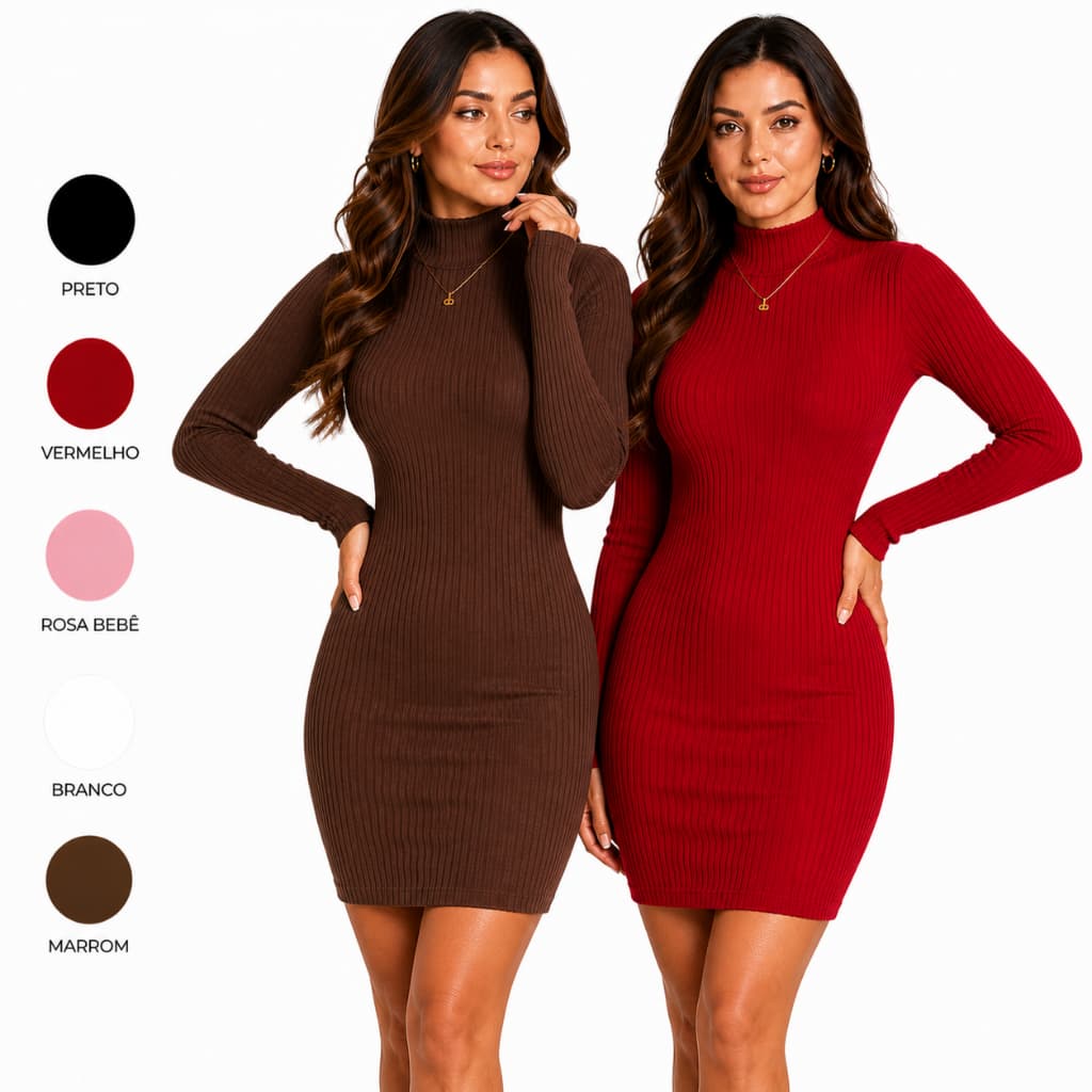 Vestido femininoTubinho Midi Preto Manga Longa, Gola Alta Canelado anarruga casual