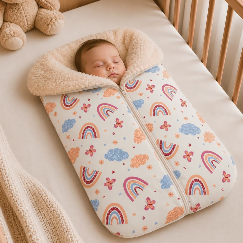 Saco de Dormir para Bebê Casulo Quentinho Grande com Sherpa Algodão Frio com Zíper Estampado Pupa
