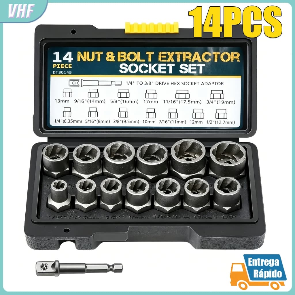 Conjunto 14 Peças Extratores de Parafuso e Porca Impacto Aço Cr-Mo com Estojo Rígido