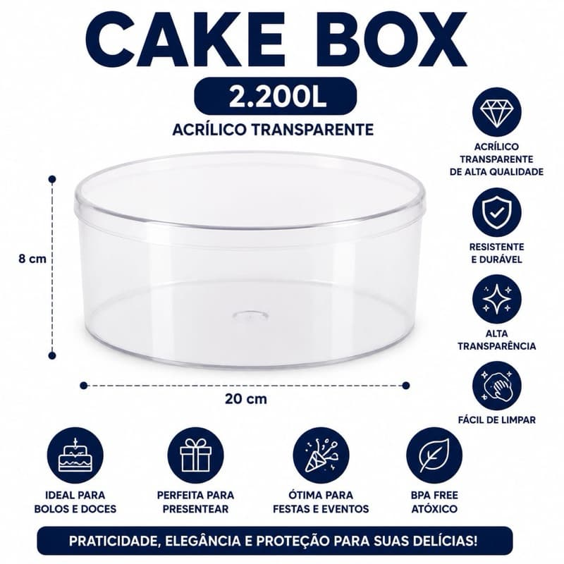 Cake Box Redonda 2200litros Acrilico Transparente Porta Bolo e Doces