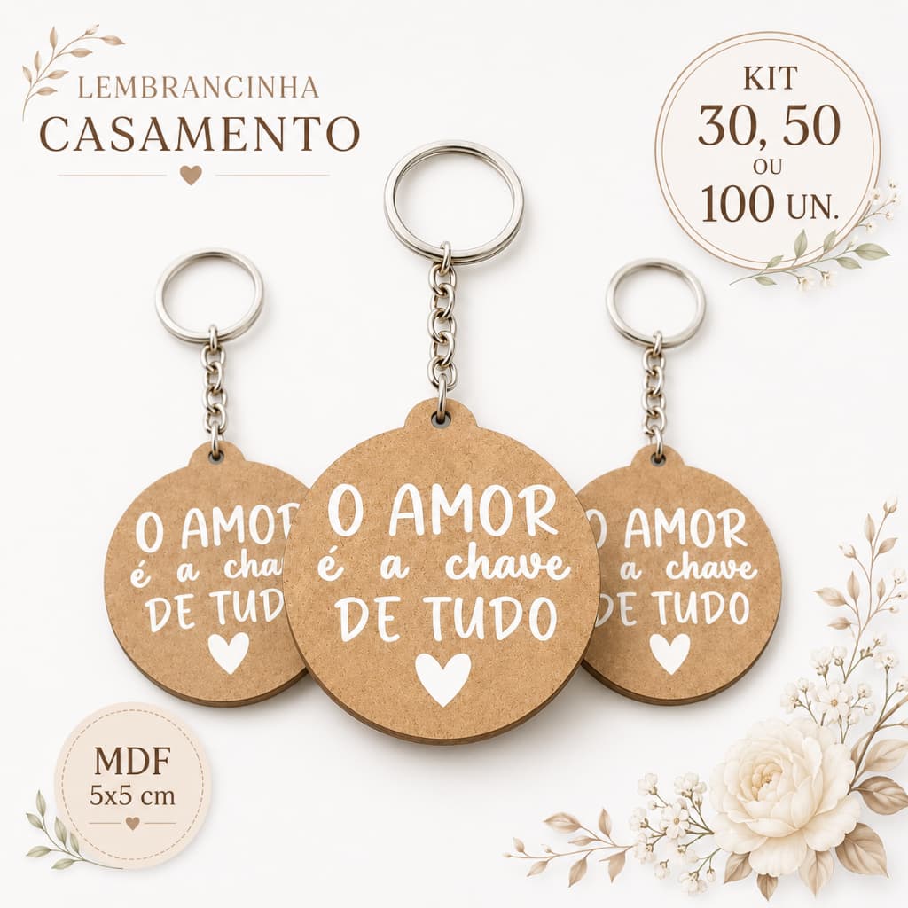 Kit Chaveiro MDF O Amor É A Chave De Tudo Lembrancinha Casamento Bodas Chá De Panela 30 50 100 Un