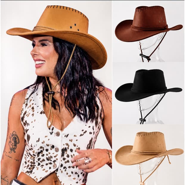Chapéu Boiadeiro Cowboy Country Estilo Ana Castela | São João Rodeio | Caramelo, Marrom e Preto com Regulagem