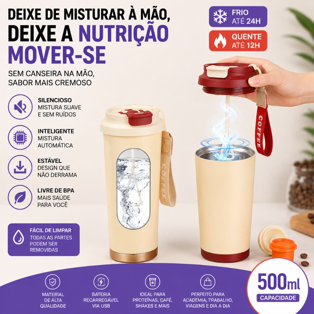 Copo Misturador Automatico Inox 316 500ml Portatil Recarregavel para Whey Protein Shake Academia