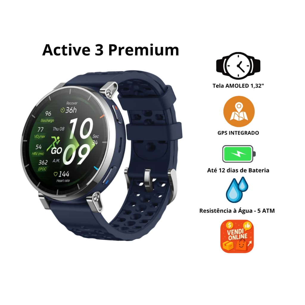 Relógio Smartwatch Amazfit Active 3 Premium AMOLED GPS Integrado 170+ Esportes 5ATM Bluetooth