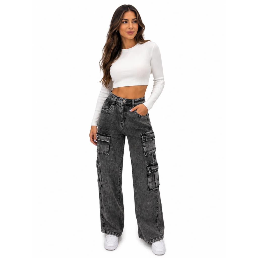 Calça Jeans Cargo Feminina Grafite Wide Leg 4 Bolsos Cintura Alta Moda Casual Despojada Lançamento