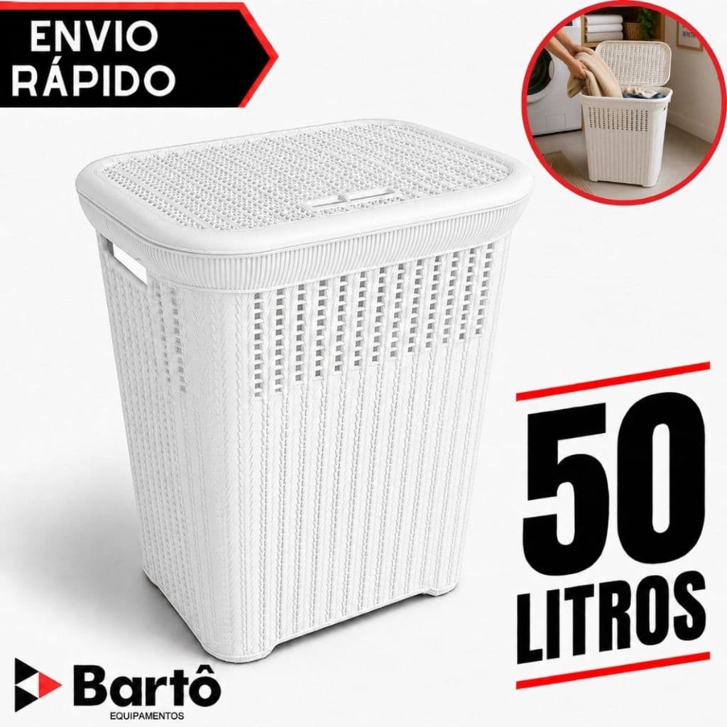 Cesto Telado Rattan 50 Litros Branco Com Tampa Premium Reforçado