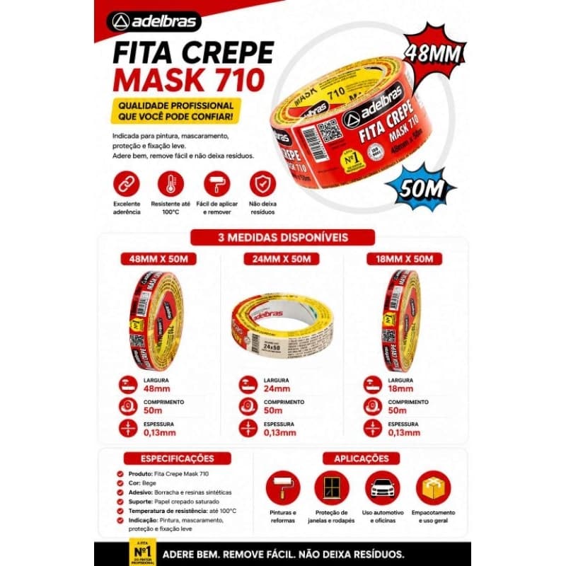 Unidade - Fita Crepe Imobiliária BRANCA 710 Mask 18mm - 24mm - 48mm x 50 metros Adelbras