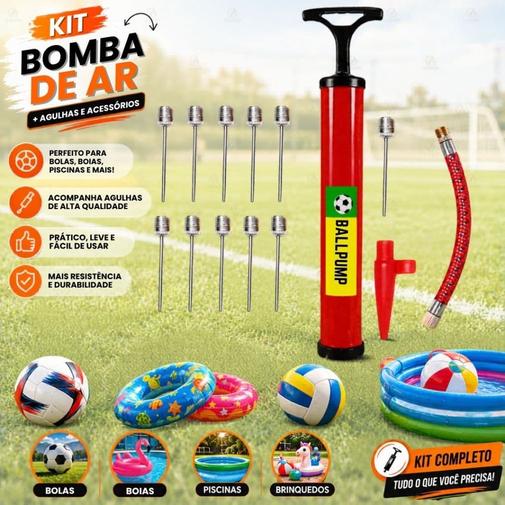 Kit Bomba de Ar Manual  + 20 Bicos de Metal de Encher Bolas e Infláveis Boia  Balões Piscinas