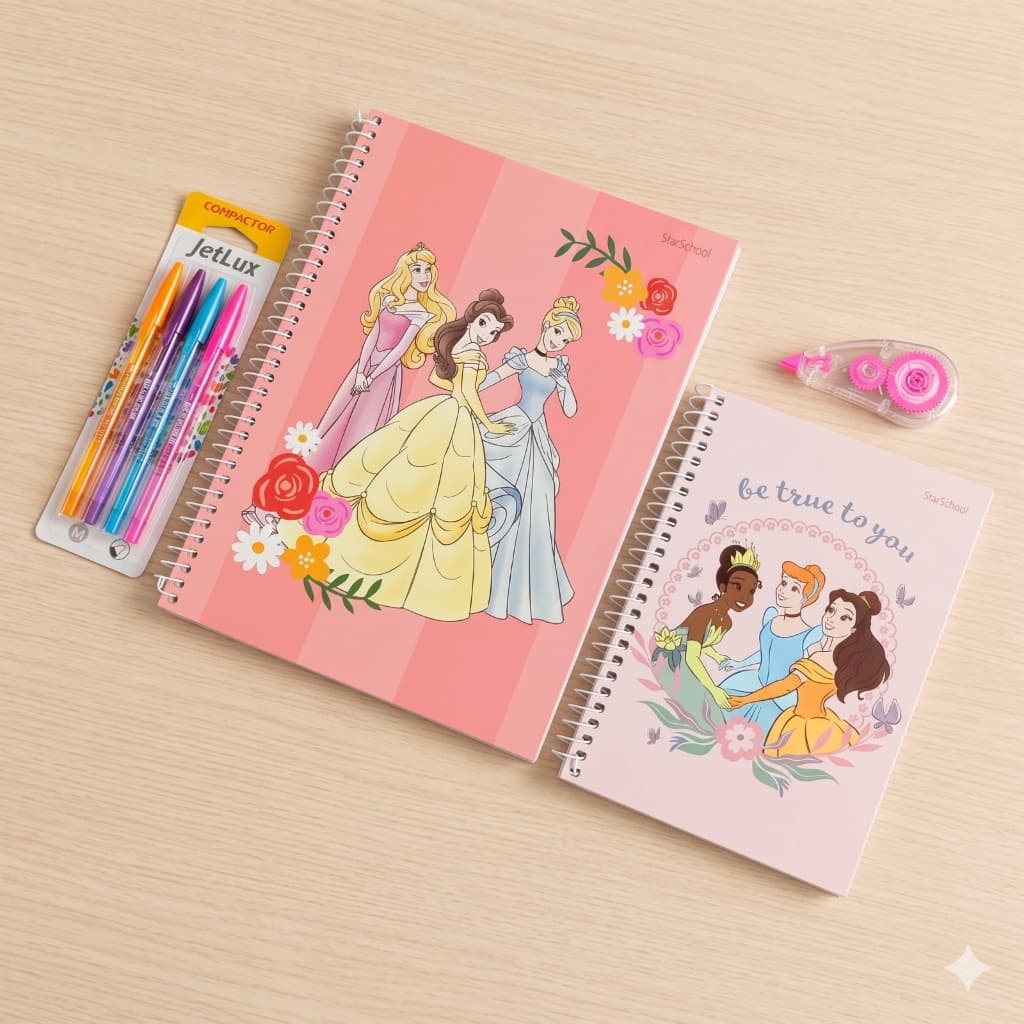 Kit Escolar Caderno das Princesas 80 Folhas - 1 matéria Agenda Pequena Kit de Canetas Fita Corretiva