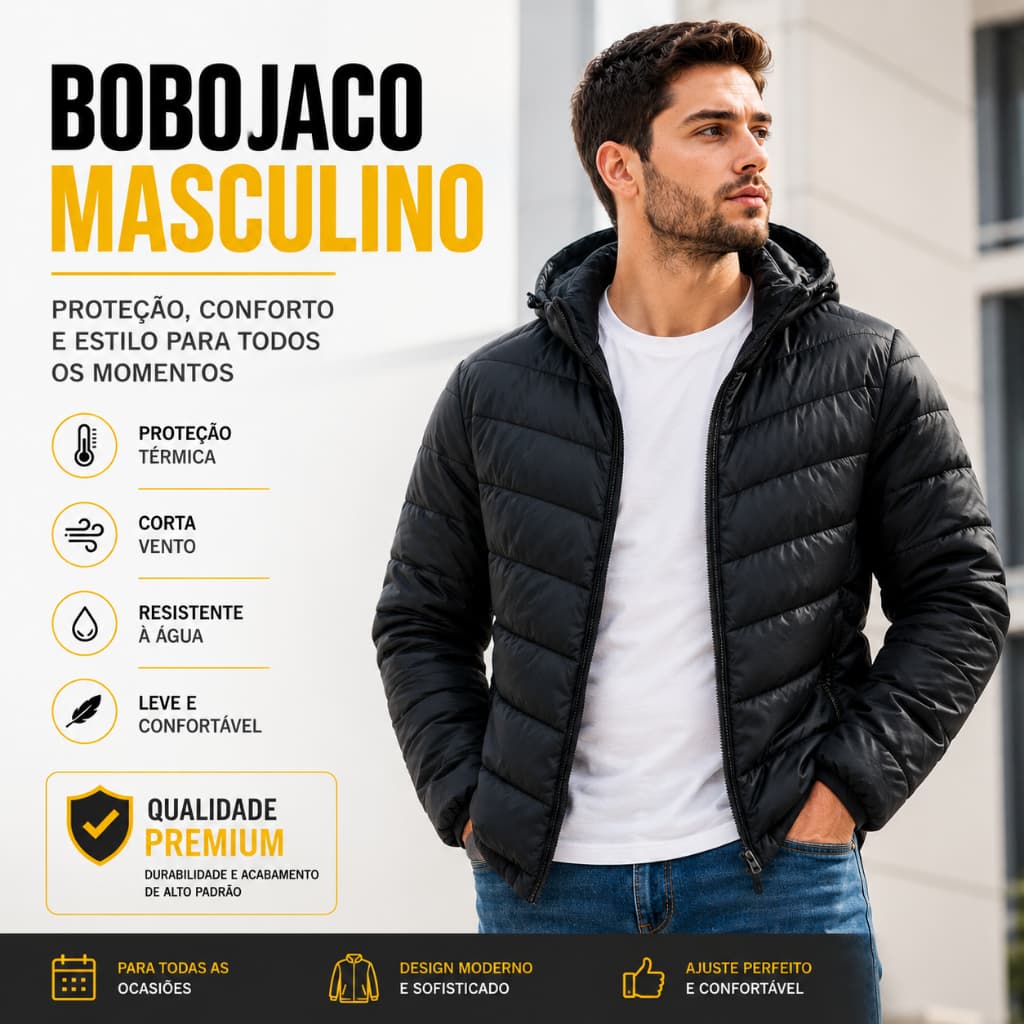 Jaqueta Puffer Masculina Bobojaco Bomber Blusa de Frio Inverno Neve Com Touca Removível