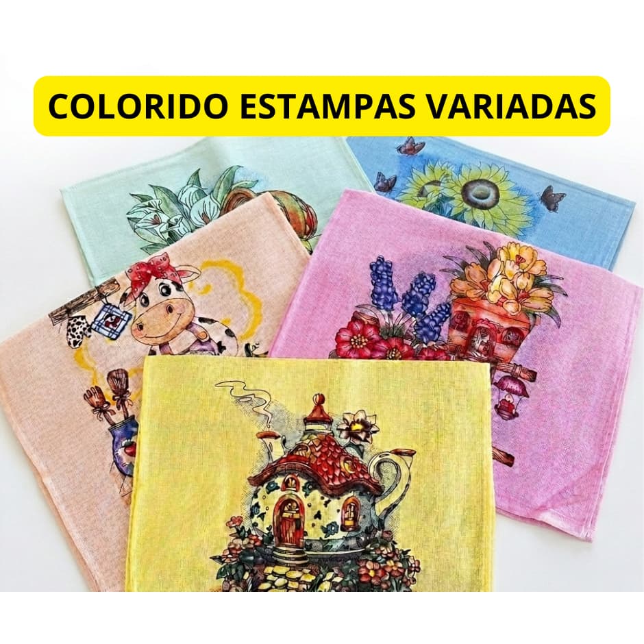 Kit Pano de Prato Estampado Colorido 10 Peças 100% Algodão