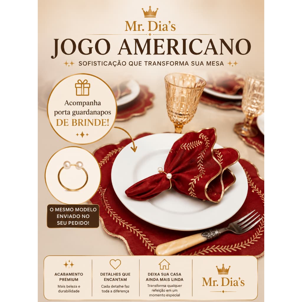 Kit Jogo Americano 12 Peças + Porta Guardanapo Para Mesa 6 Lugares Mesa Posta Sousplat Supla