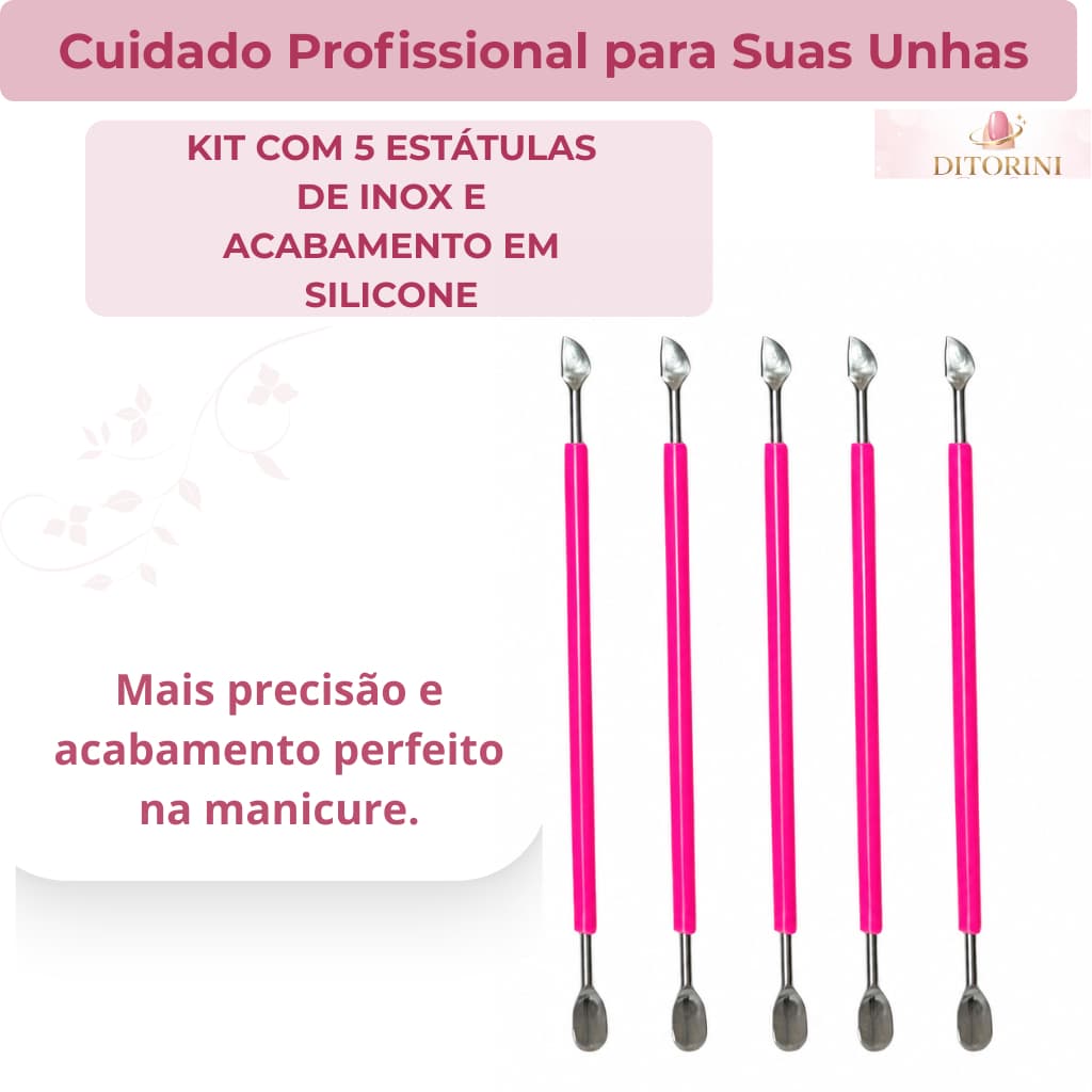 Kit Espátula Inox Empurrador de Cutícula 5 Peças Profissional Para Manicure Rosa