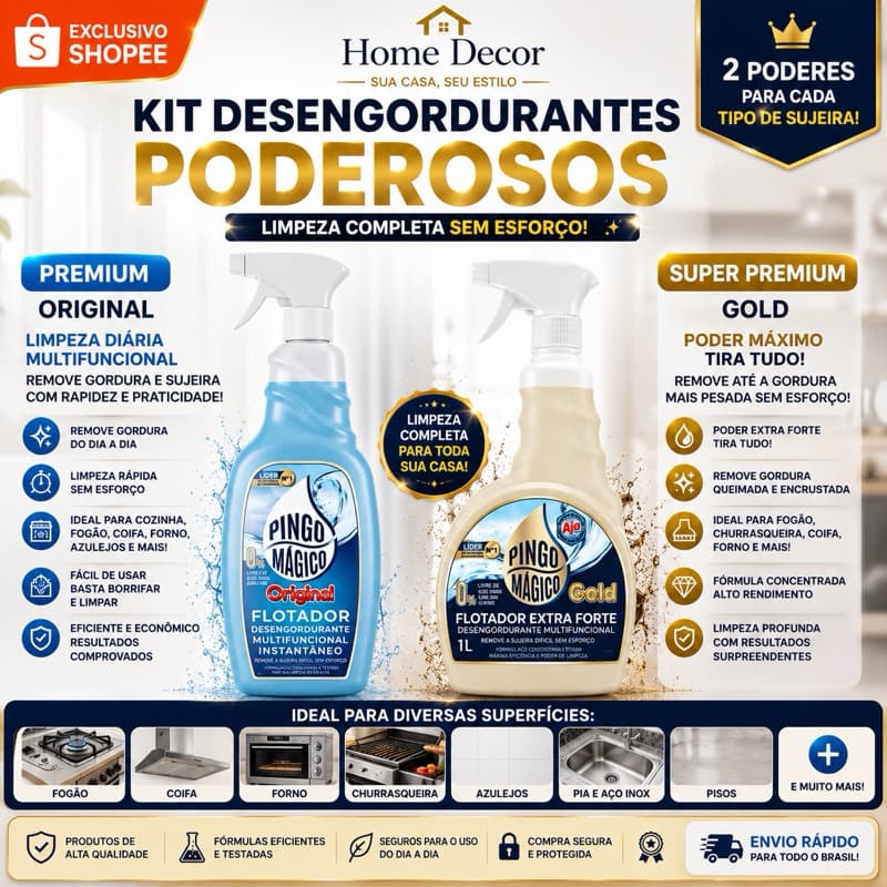 Pingo Mágico Original + Gold Kit Limpeza Completa Desengordurante Forte e Diário