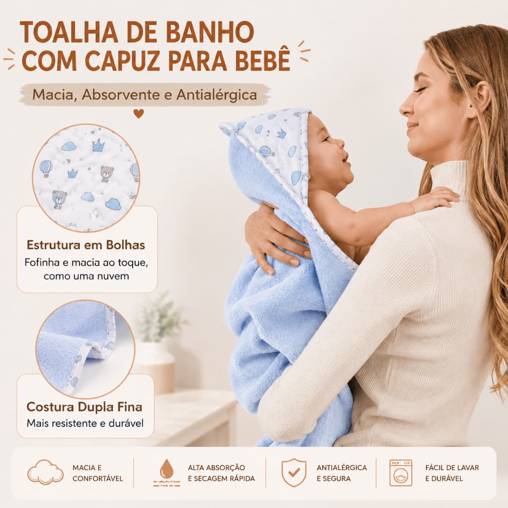 Toalha de Banho Fralda Soft com Capuz para Bebê Enxoval Menino Menina