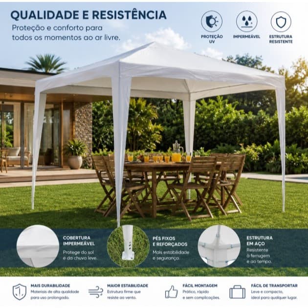 Gazebo 2,4m Branco Impermeável Estrutura Reforçada Resistente Para Praia e Jardim - Kala