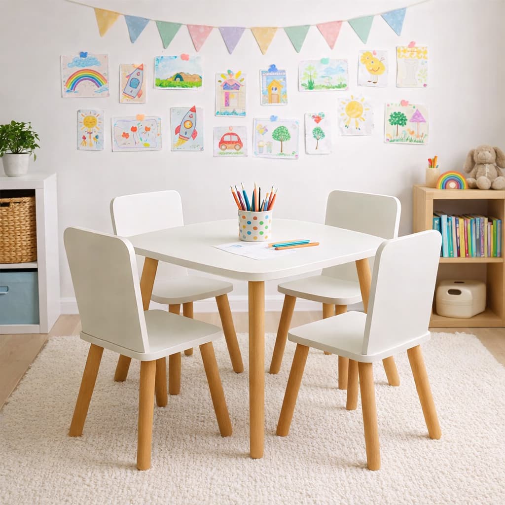 Kit Mesa Infantil Branca MDF com 4 Cadeiras Montessori Educativa Quarto Infantil