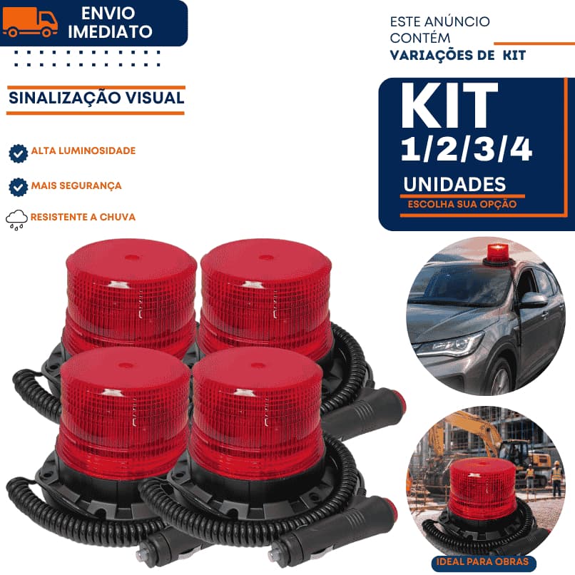 Sirene Giroflex LED 12V Magnética 1/2/3/4 Sinalizador Emergência Veicular Carro Guincho Segurança Empilhadeira Obras
