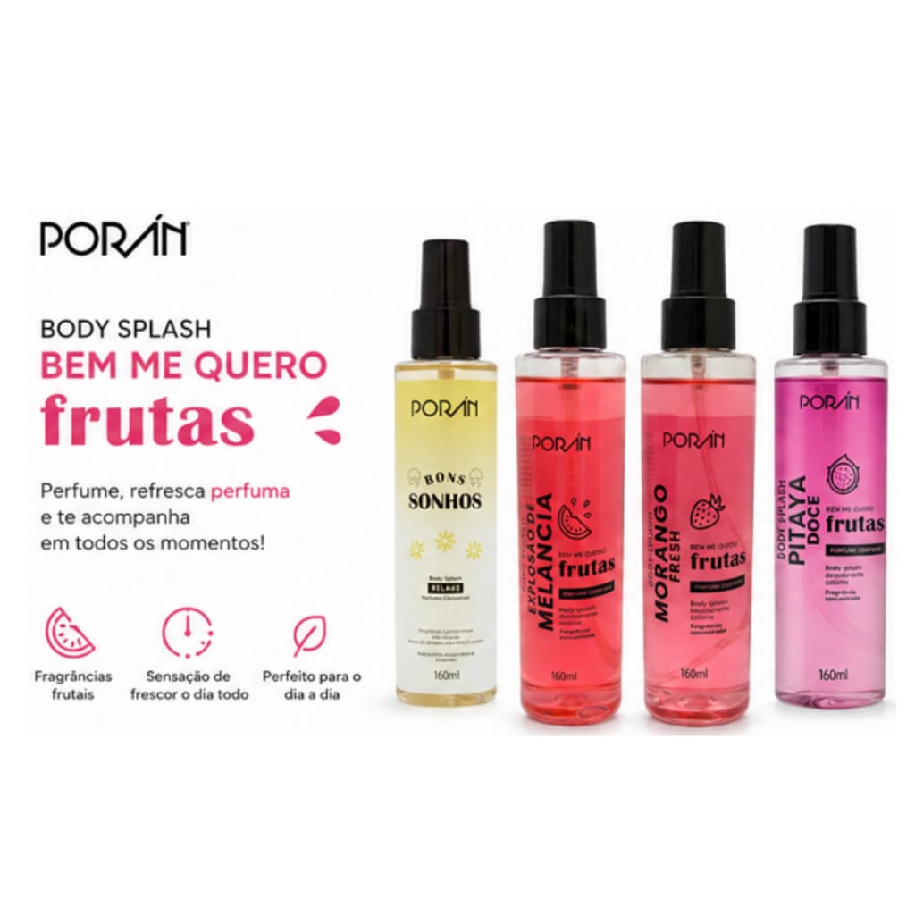 Kit Body Splash Feminino  Frutas Porán 160ml Melancia Morango Pitaya Bons Sonhos Perfume Corporal