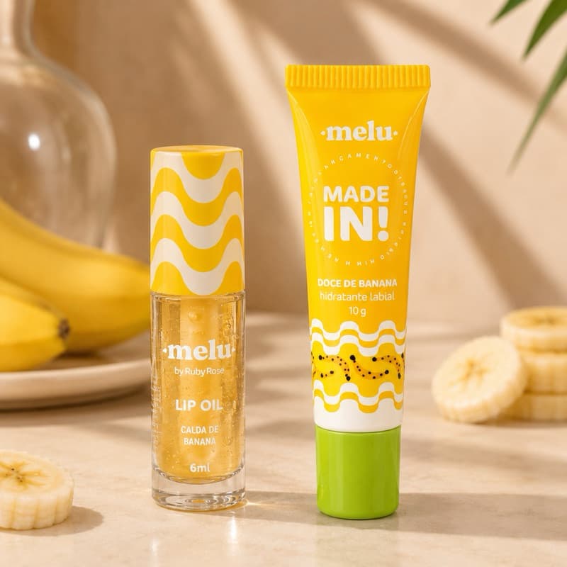 Kit Lip Oil Calda De Banana E Lip Balm Doce De Banana Melu Ruby Rose Hidratante Labia